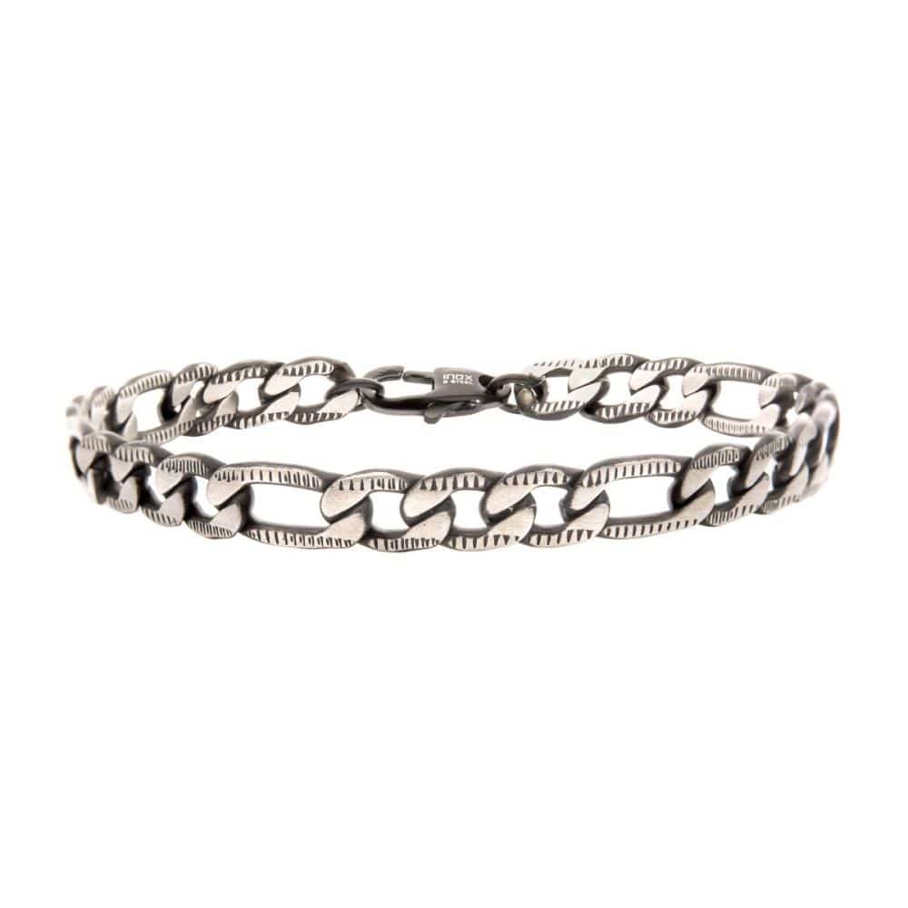 INOX JEWELRY Bracelets Stainless Steel Black IP Diamond Cut Figaro 6.5mm Chain Bracelets BR27873K