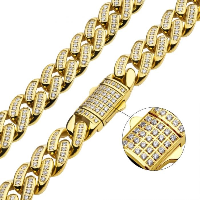 INOX JEWELRY Chains 18K Gold Ion Plated Stainless Steel 12mm Miami Cuban Necklace with Cubic Zirconia Double Tab Box Clasp Chain NSTC2512-22GP