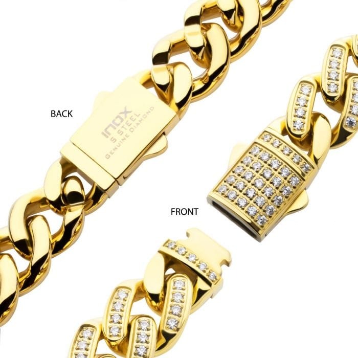 INOX JEWELRY Chains 18K Gold Ion Plated Stainless Steel 12mm Miami Cuban Necklace with Cubic Zirconia Double Tab Box Clasp Chain NSTC2512-22GP