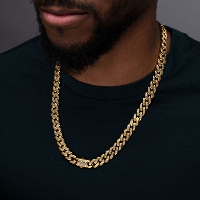 INOX JEWELRY Chains 18K Gold Ion Plated Stainless Steel 12mm Miami Cuban Necklace with Cubic Zirconia Double Tab Box Clasp Chain NSTC2512-22GP