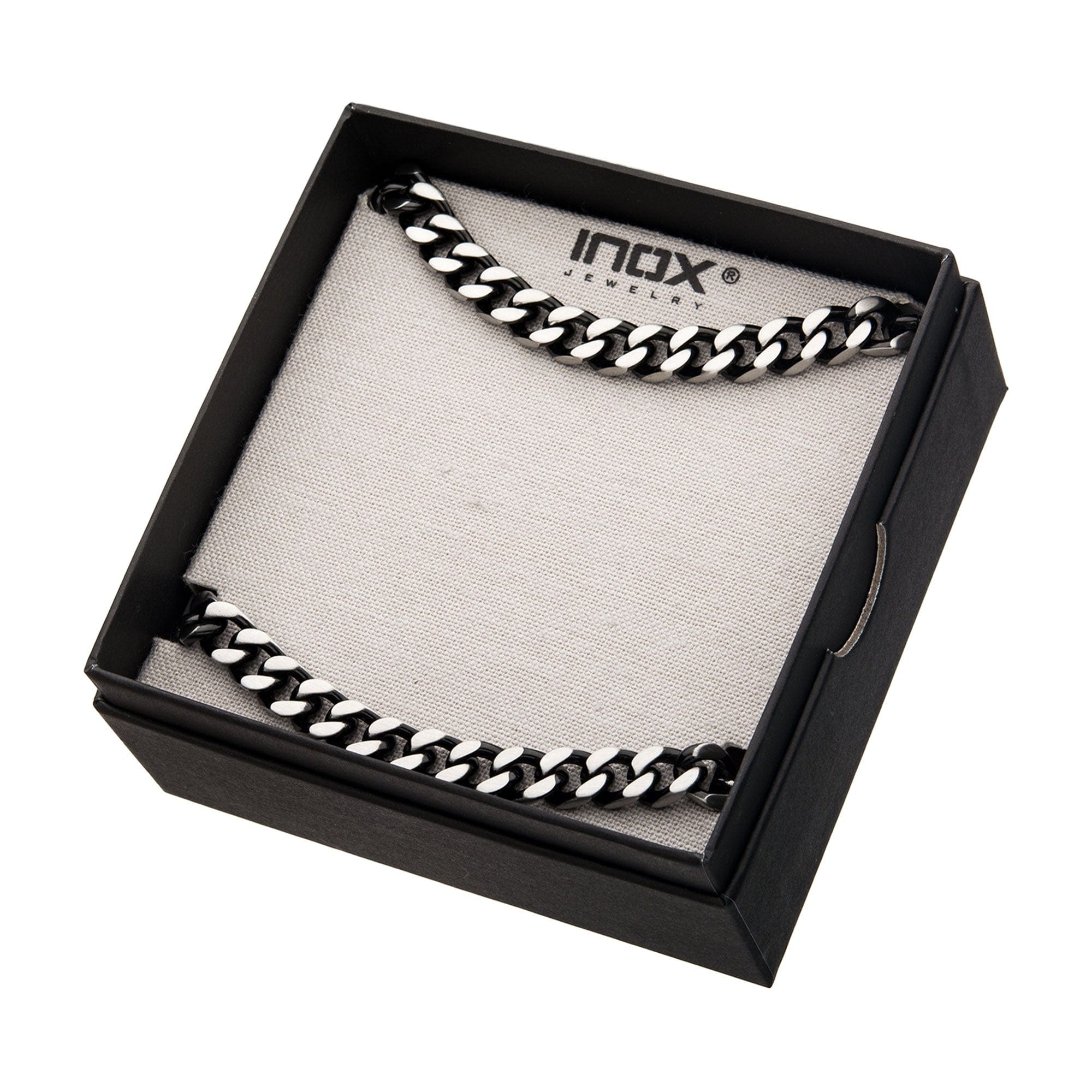 INOX JEWELRY Chains Black and Silver Tone Stainless Steel 8mm Brushed Curb Chain and Bracelet Set NSTC1208-SET