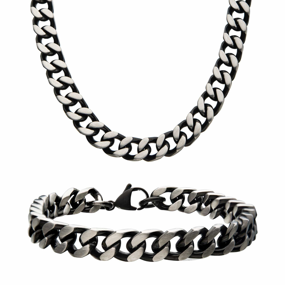 INOX JEWELRY Chains Black and Silver Tone Stainless Steel 8mm Brushed Curb Chain and Bracelet Set NSTC1208-SET