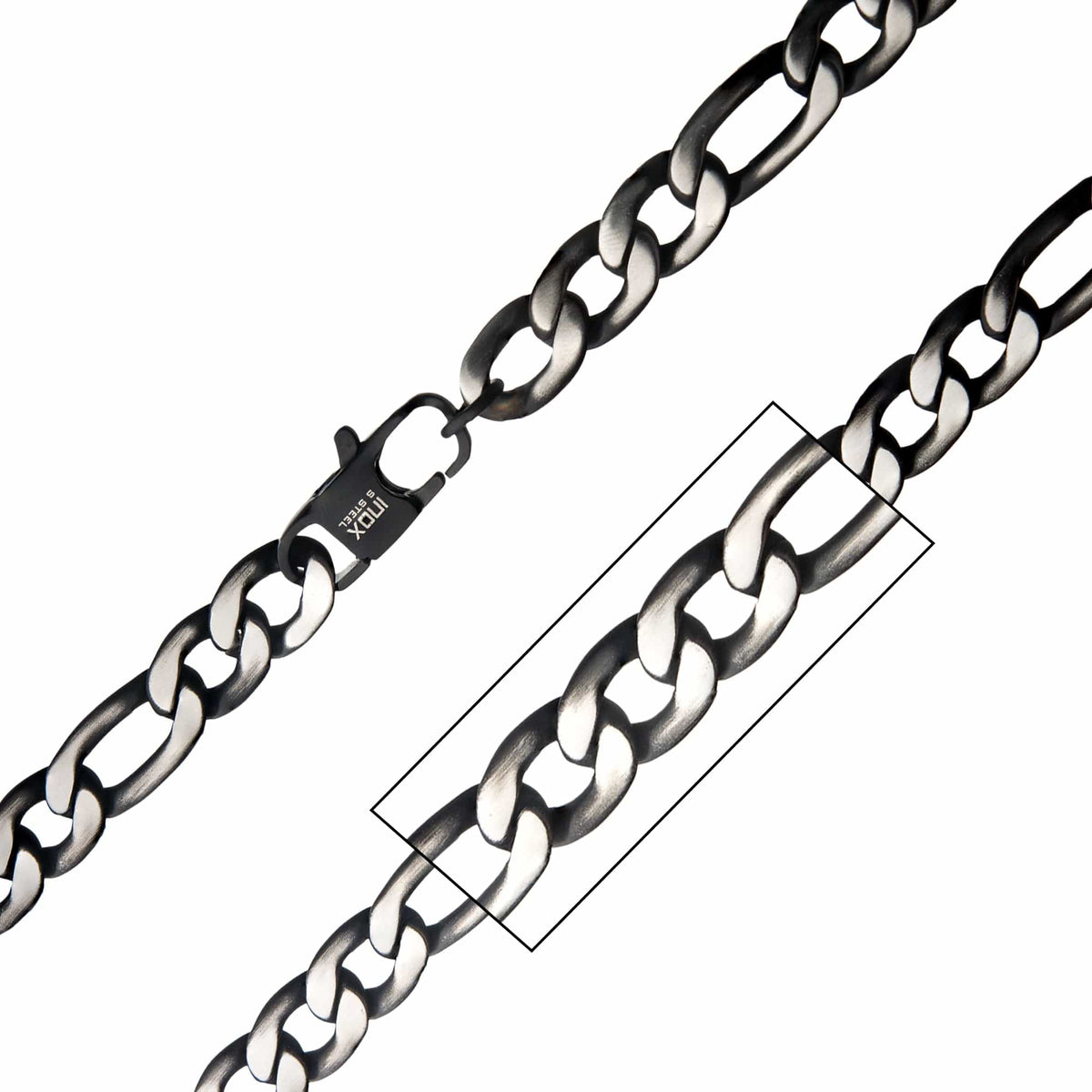 INOX JEWELRY Chains Black and Silver Tone Stainless Steel 9mm Figaro Link Chain NSTC7628P-24