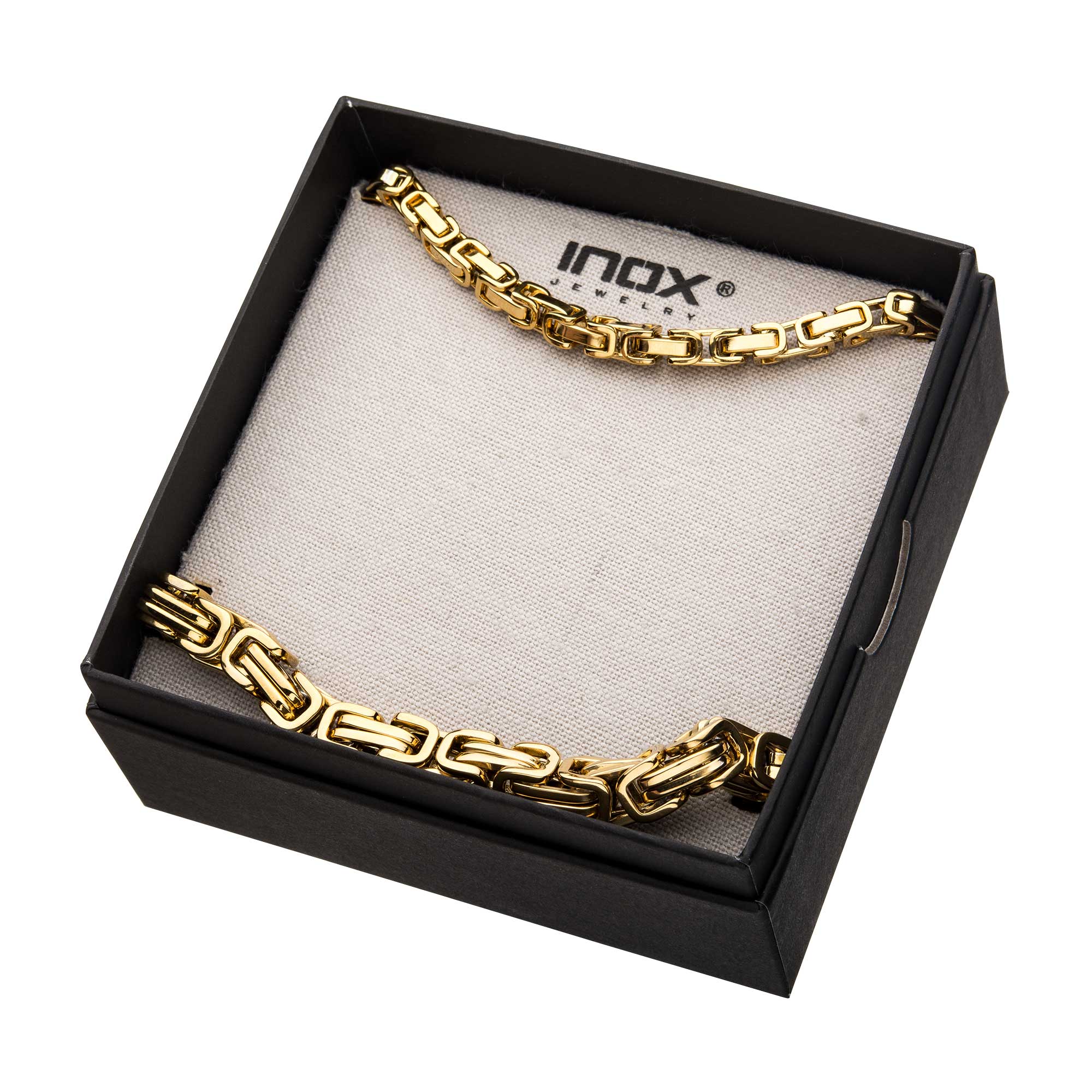 INOX JEWELRY Chains Golden Tone Stainless Steel 8mm Byzantine Chain and Bracelet Set NSTC0608GP-SET
