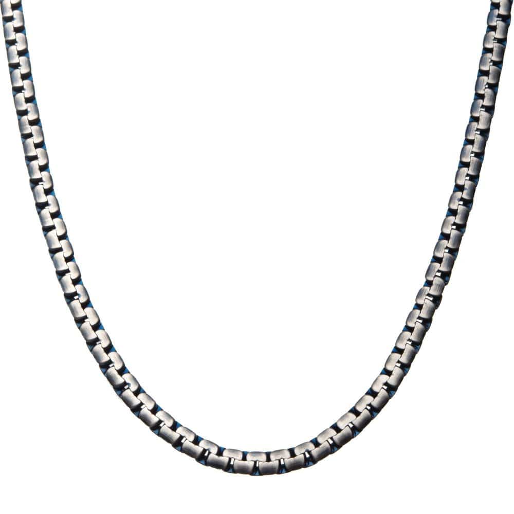 INOX JEWELRY Chains Matte Steel & Blue IP Reversible Curb Chain Colossi Necklace NSTCS07MB-22