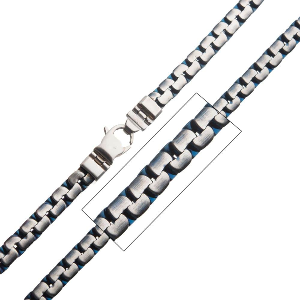 INOX JEWELRY Chains Matte Steel & Blue IP Reversible Curb Chain Colossi Necklace NSTCS07MB-22