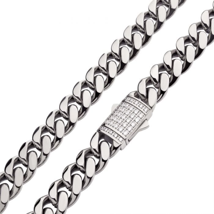 INOX JEWELRY Chains Silver Tone Stainless Steel 10mm Miami Cuban Chain with CZ Double Tab Box Clasp NSTC2110-24