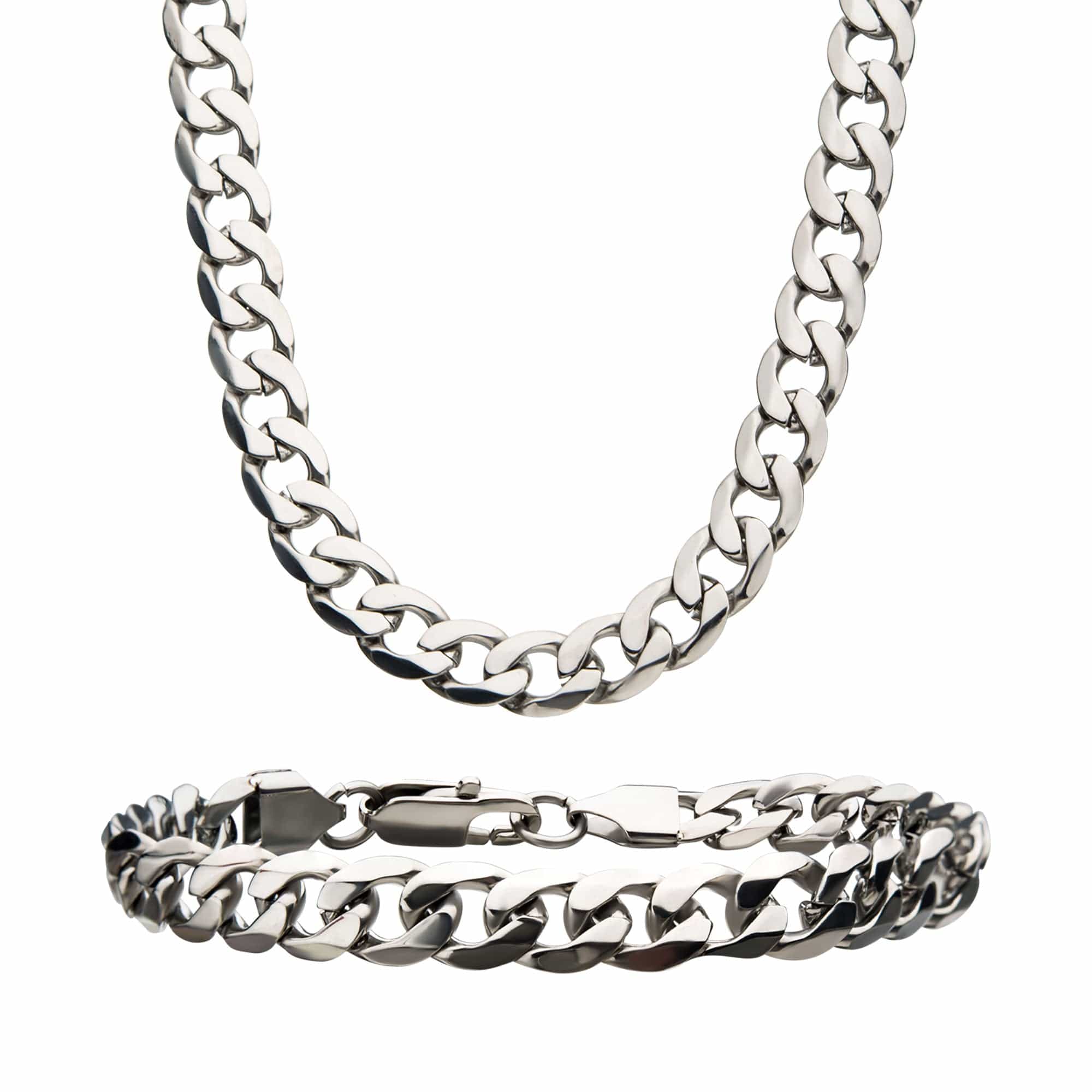 INOX JEWELRY Chains Silver Tone Stainless Steel 8mm Curb Chain and Bracelet Set NSTC0408-SET