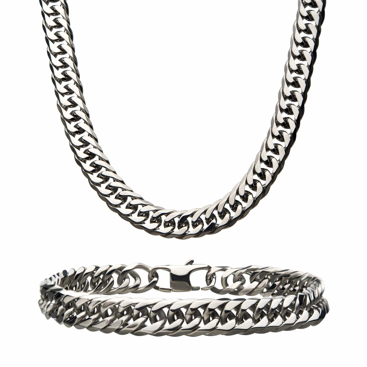 INOX JEWELRY Chains Silver Tone Stainless Steel 8mm Double Curb Chain and Bracelet Set NSTC0508-SET