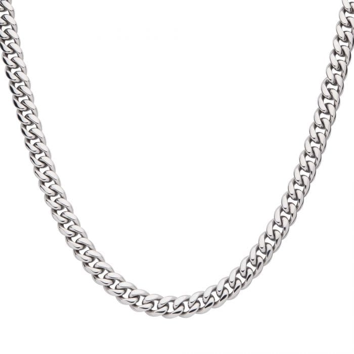 INOX JEWELRY Chains Silver Tone Stainless Steel 8mm Miami Cuban with CZ Double Tab Box Clasp Chain NSTC2108-24