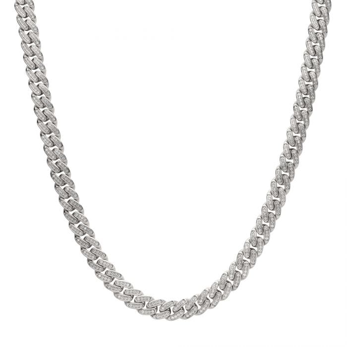 INOX JEWELRY Chains Silver Tone Stainless Steel Miami Cuban 12mm Iced Chain with CNC Precision Set Cubic Zirconia Double and Tab Box Clasp NSTC2512-22