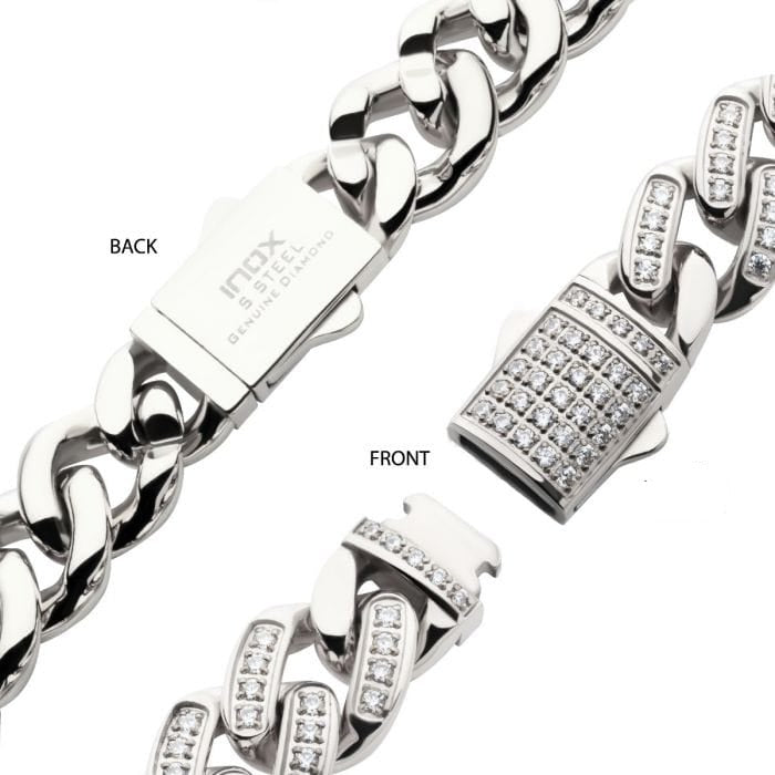 INOX JEWELRY Chains Silver Tone Stainless Steel Miami Cuban 12mm Iced Chain with CNC Precision Set Cubic Zirconia Double and Tab Box Clasp NSTC2512-22