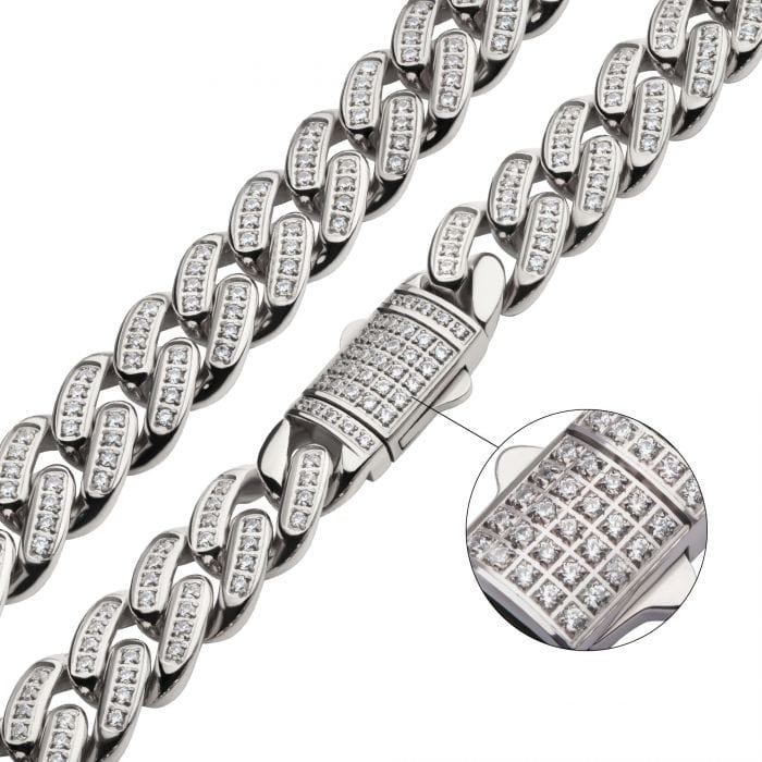 INOX JEWELRY Chains Silver Tone Stainless Steel Miami Cuban 12mm Iced Chain with CNC Precision Set Cubic Zirconia Double and Tab Box Clasp NSTC2512-22