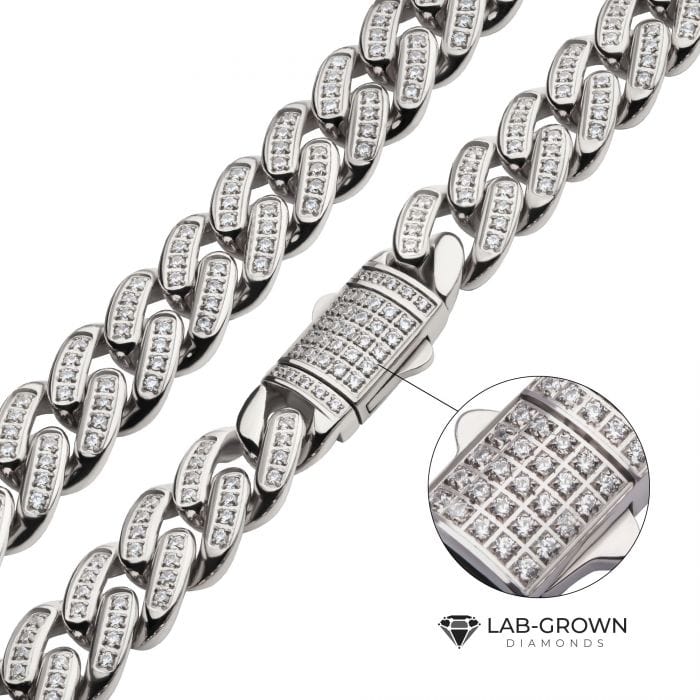 INOX JEWELRY Chains Silver Tone Stainless Steel Miami Cuban 12mm Iced Chain with CNC Precision Set Cubic Zirconia Double and Tab Box Clasp NSTC2512-22