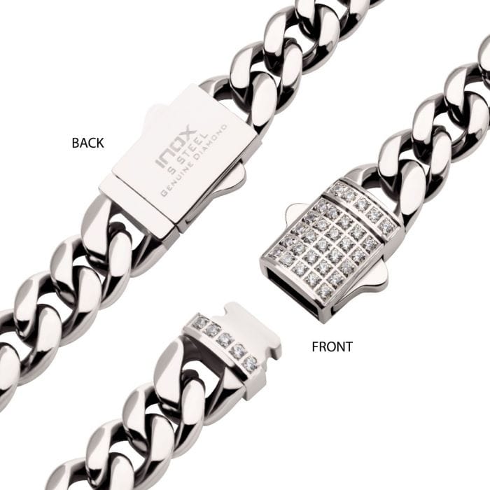 INOX JEWELRY Chains Silver Tone Stainless Steel Miami Cuban Chain with CZ Double Tab Box Clasp