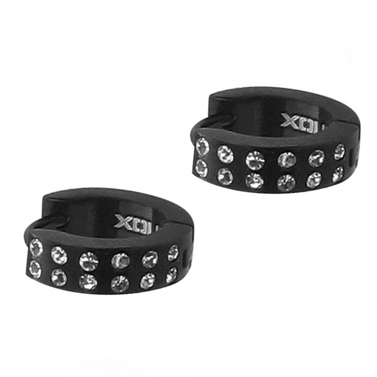INOX JEWELRY Earrings Black Stainless Steel Double Row White Round CZ Huggies SSE008K