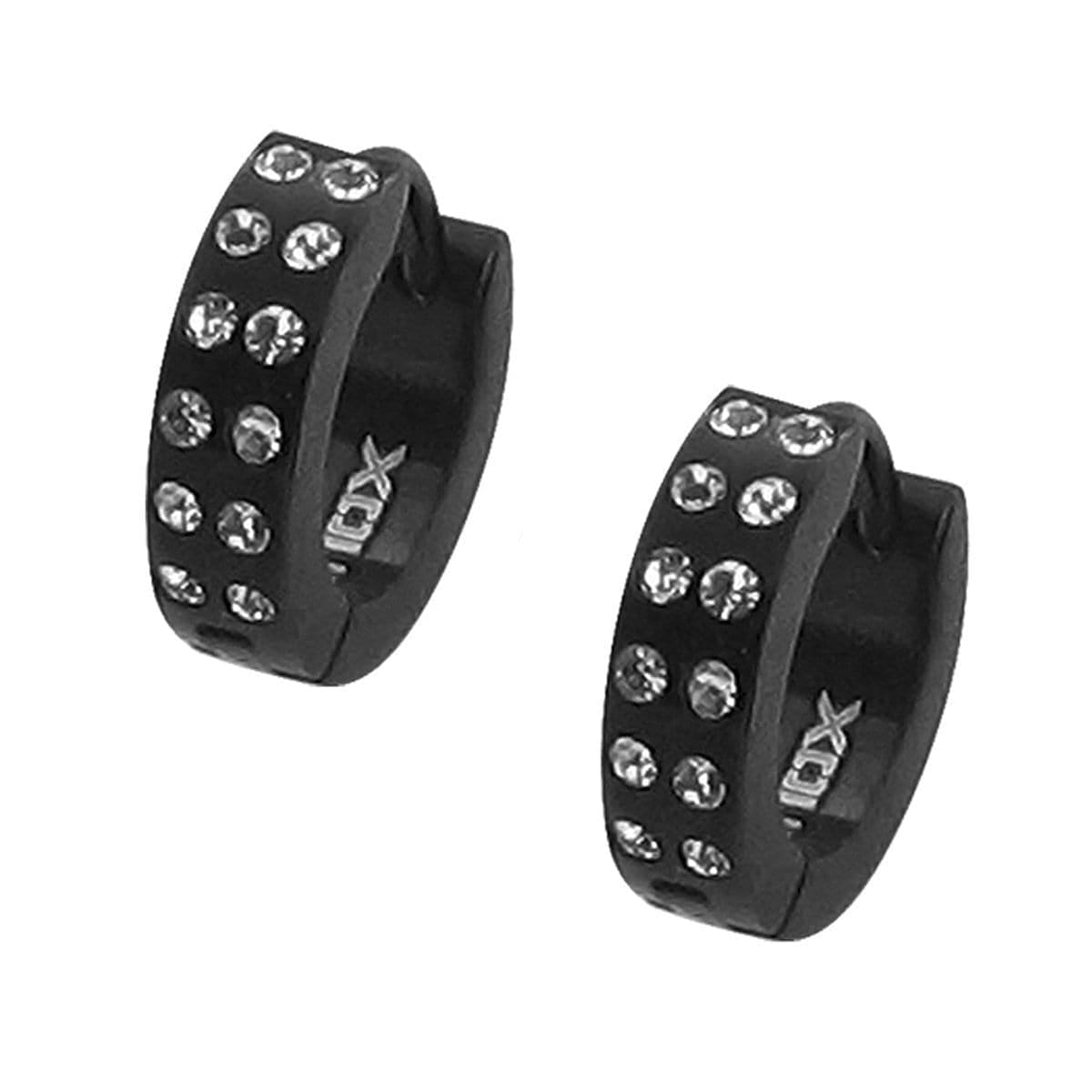 INOX JEWELRY Earrings Black Stainless Steel Double Row White Round CZ Huggies SSE008K
