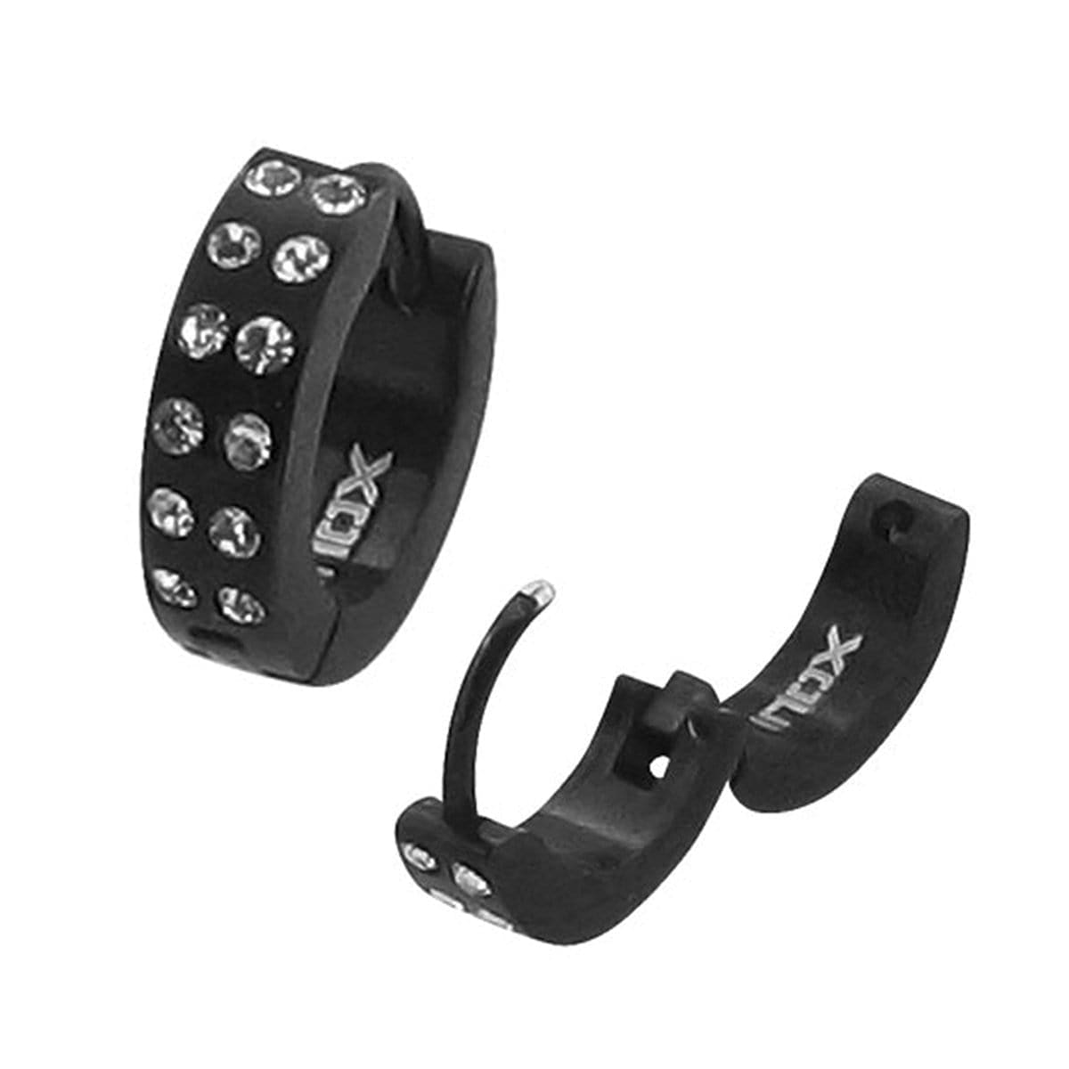 INOX JEWELRY Earrings Black Stainless Steel Double Row White Round CZ Huggies SSE008K