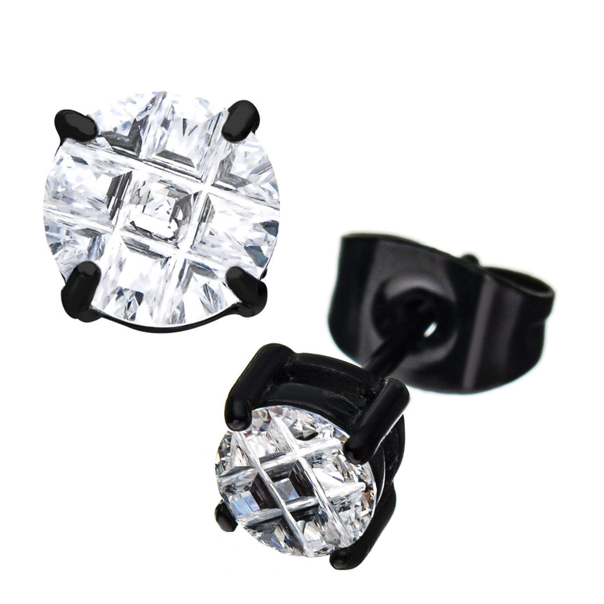 INOX JEWELRY Earrings Black Stainless Steel Grid Setting 5mm Round CZ Ear Studs