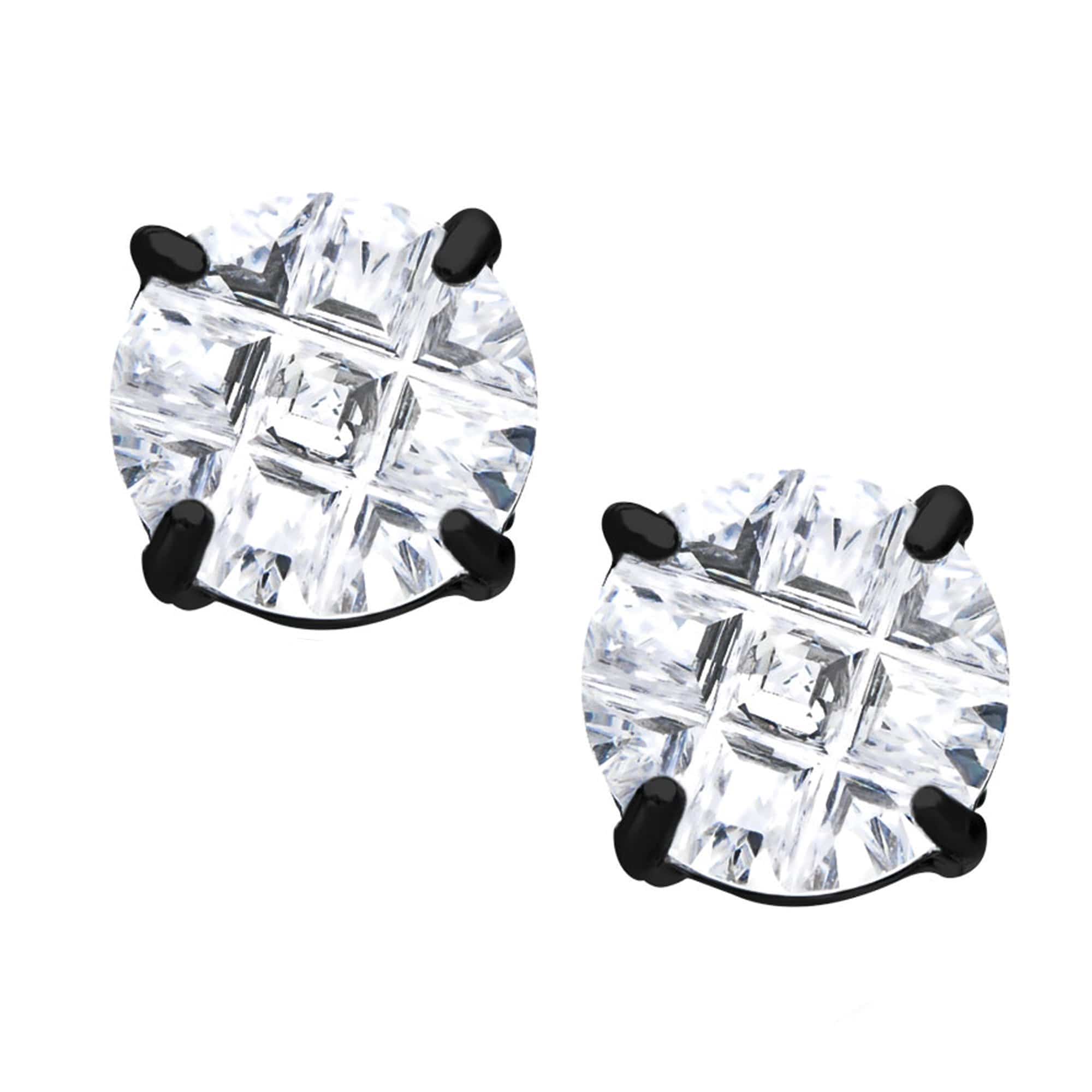 INOX JEWELRY Earrings Black Stainless Steel Grid Setting 5mm Round CZ Ear Studs