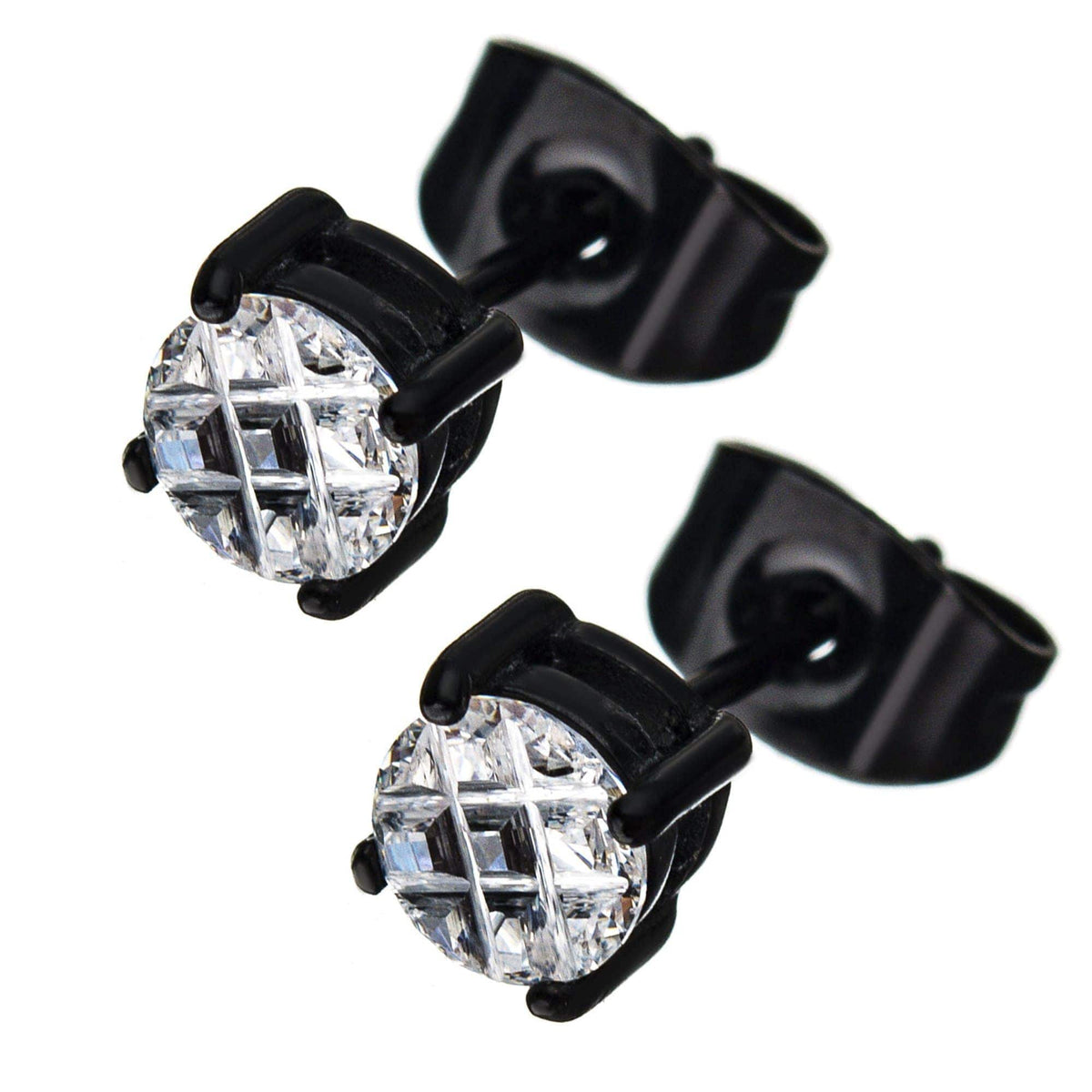 INOX JEWELRY Earrings Black Stainless Steel Grid Setting 5mm Round CZ Ear Studs
