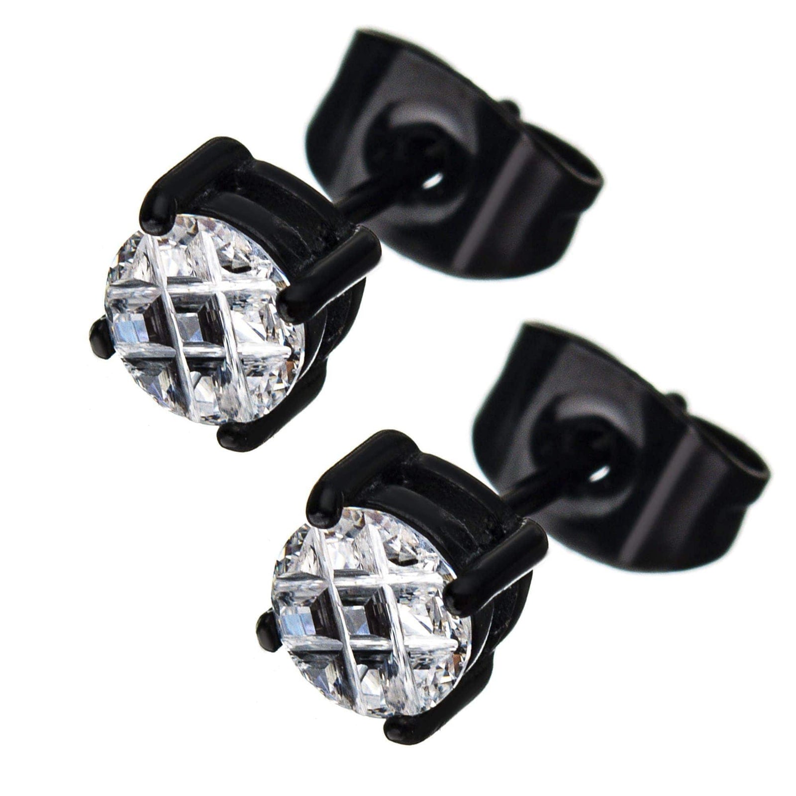 INOX JEWELRY Earrings Black Stainless Steel Grid Setting 5mm Round CZ Ear Studs