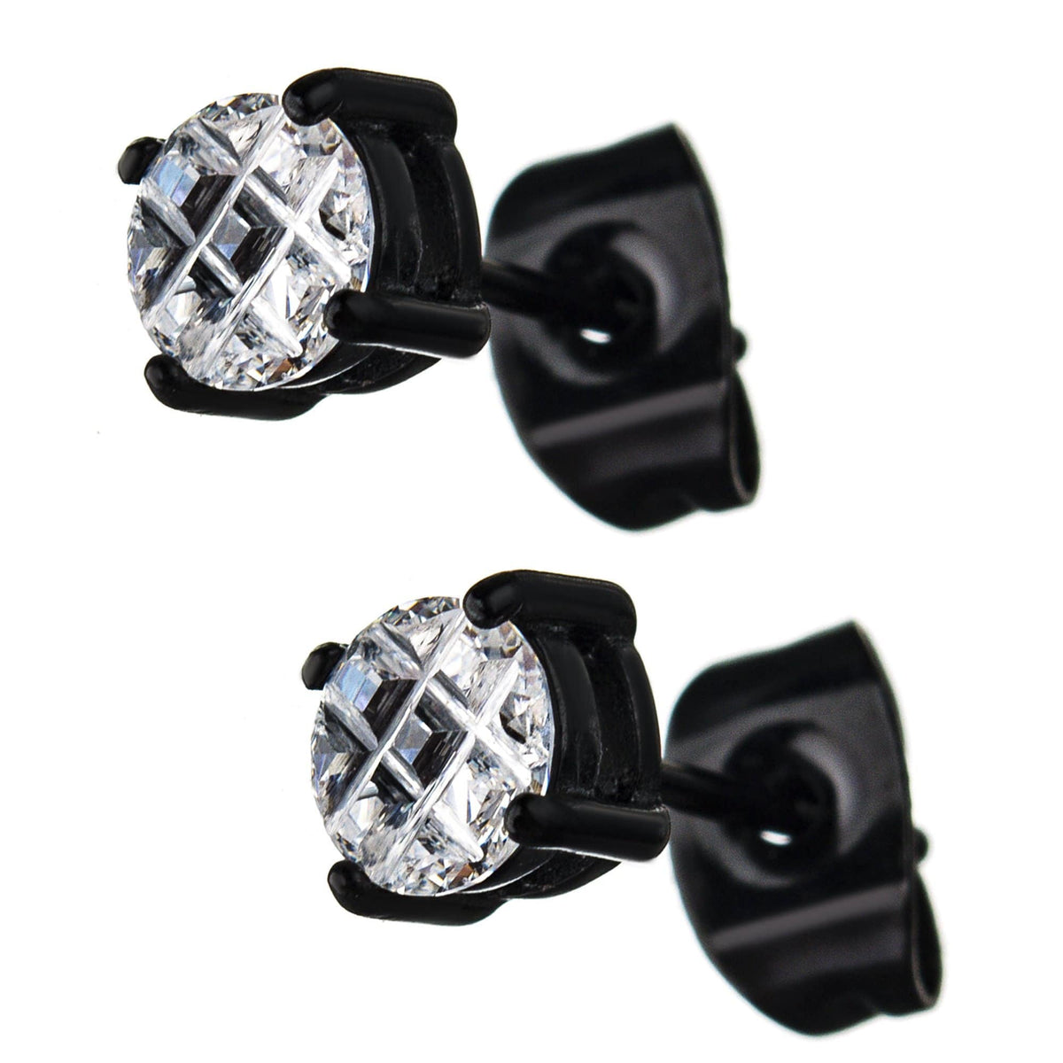 INOX JEWELRY Earrings Black Stainless Steel Grid Setting 5mm Round CZ Ear Studs
