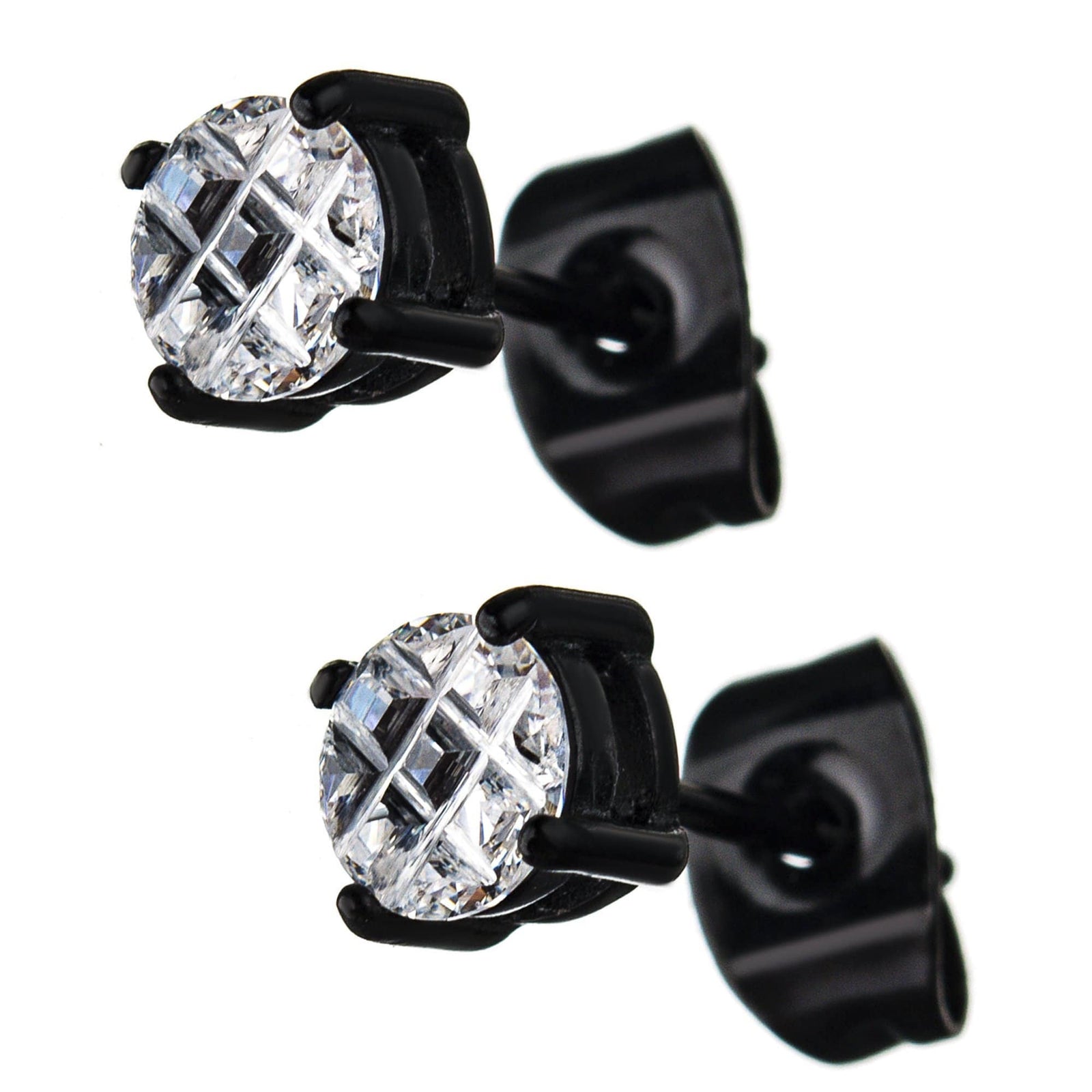 INOX JEWELRY Earrings Black Stainless Steel Grid Setting 5mm Round CZ Ear Studs