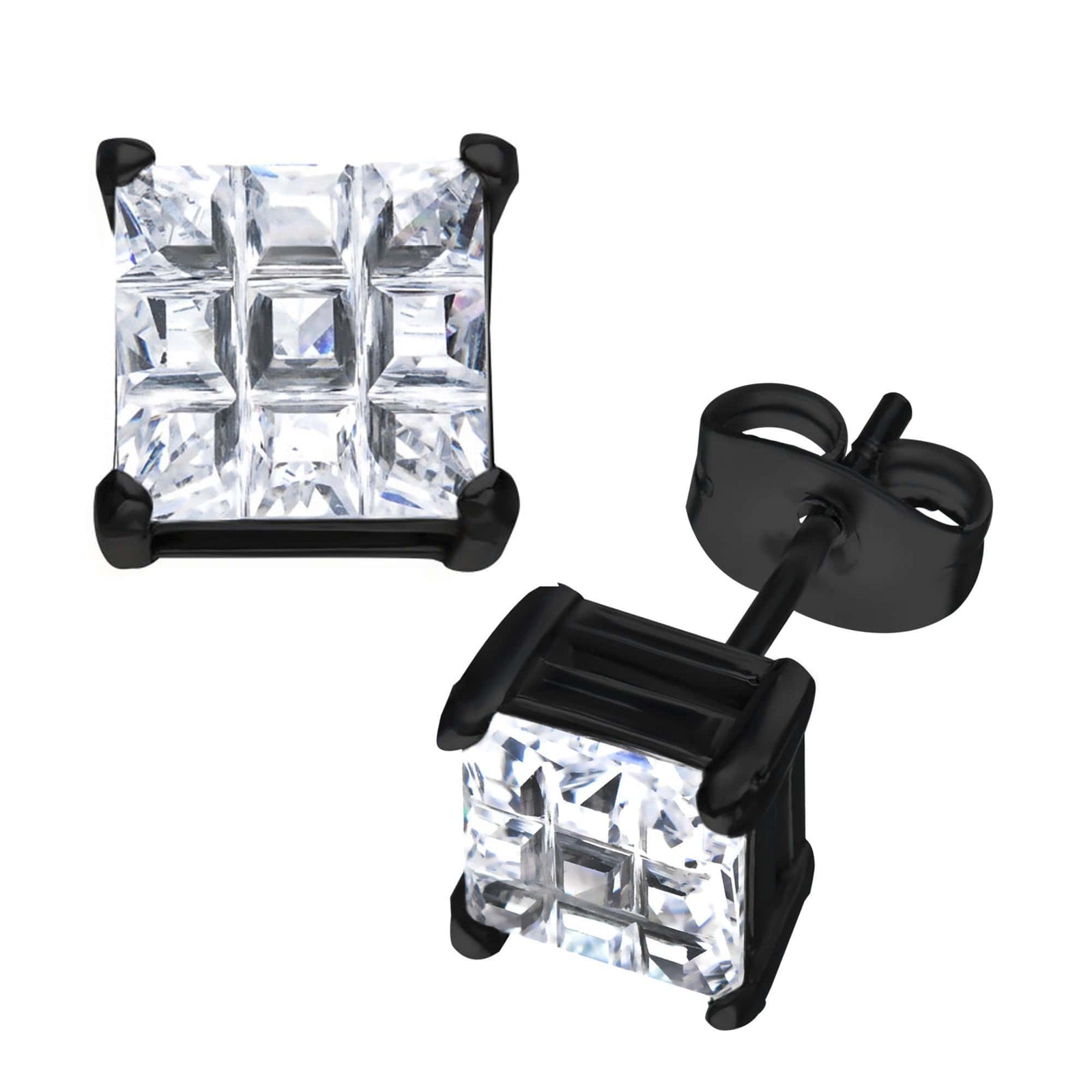 INOX JEWELRY Earrings Black Stainless Steel Grid Setting Square CZ Ear Studs