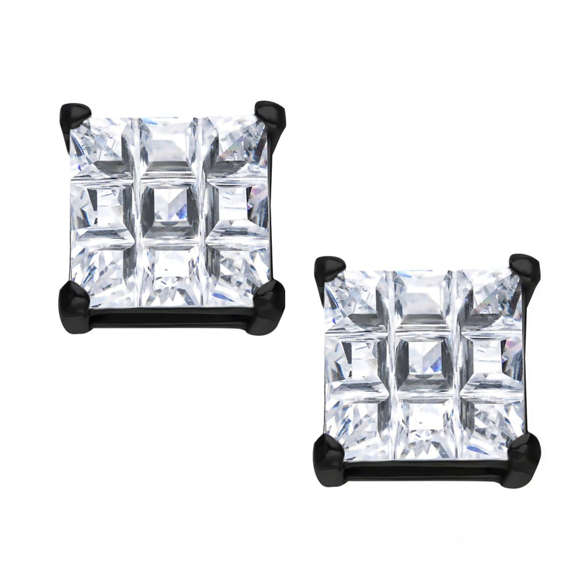 INOX JEWELRY Earrings Black Stainless Steel Grid Setting Square CZ Ear Studs