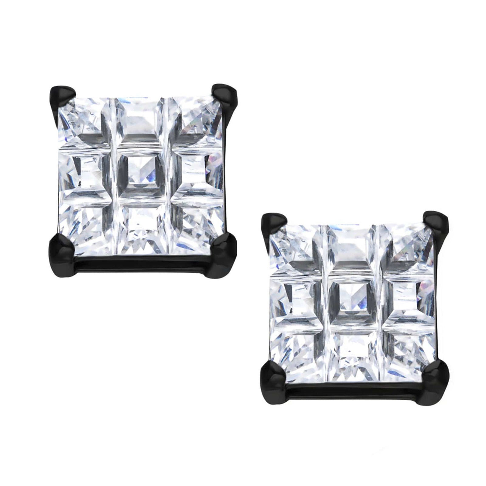 INOX JEWELRY Earrings Black Stainless Steel Grid Setting Square CZ Ear Studs