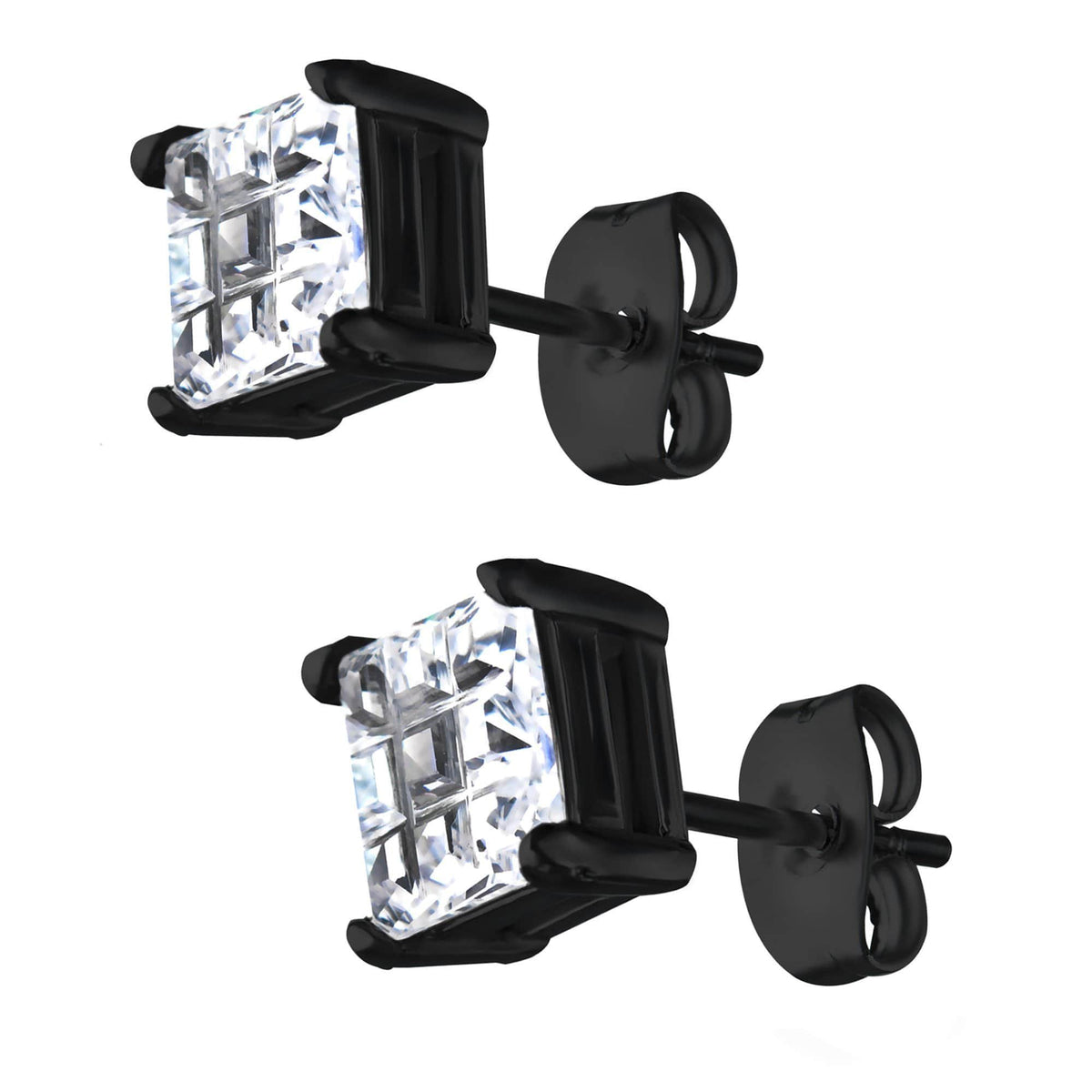 INOX JEWELRY Earrings Black Stainless Steel Grid Setting Square CZ Ear Studs