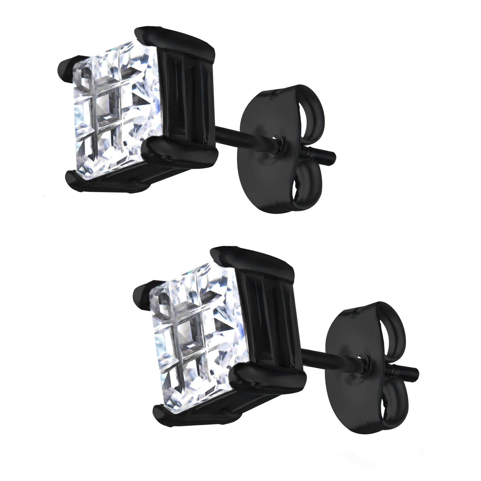 INOX JEWELRY Earrings Black Stainless Steel Grid Setting Square CZ Ear Studs