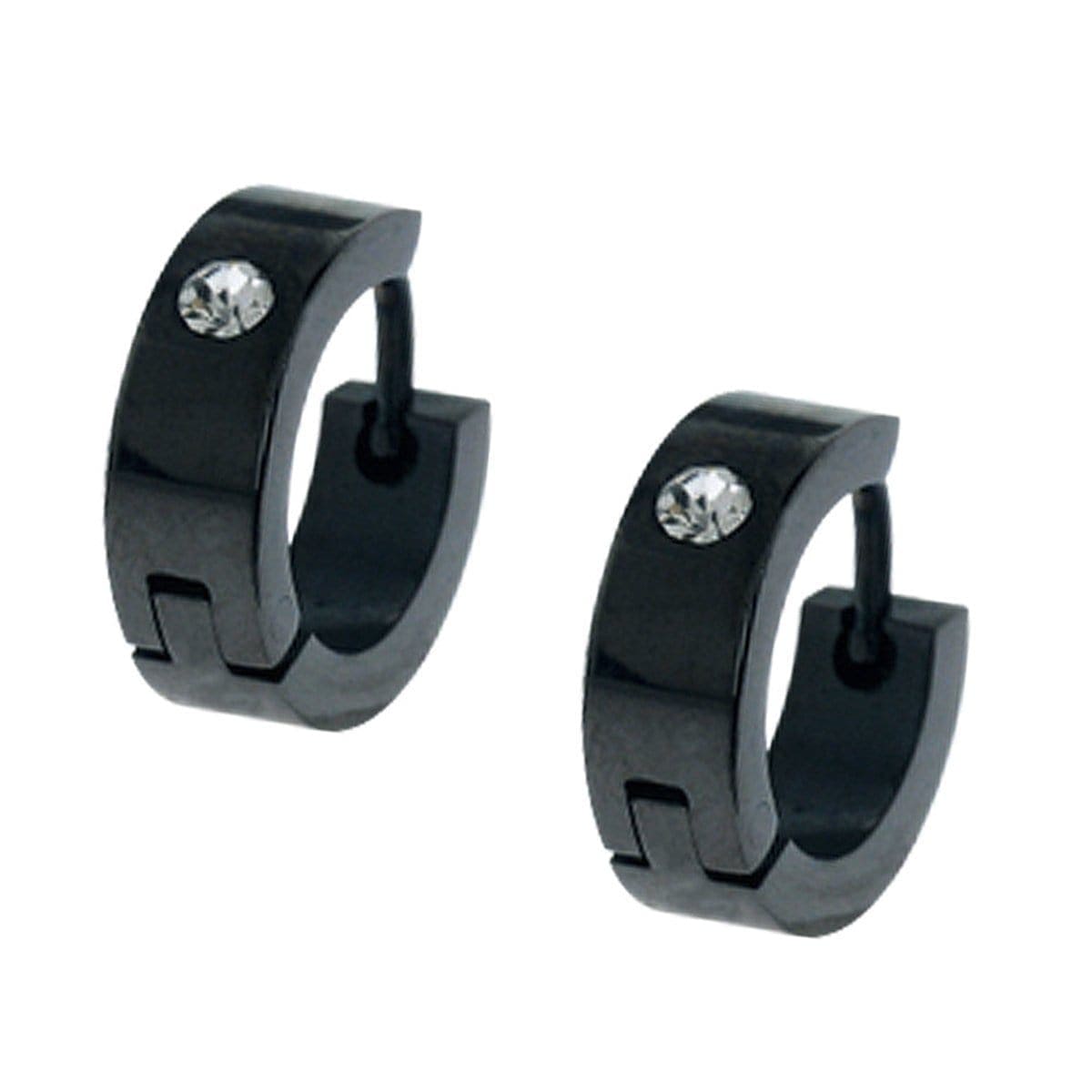 INOX JEWELRY Earrings Black Stainless Steel Single CZ Huggie Earrings SSE421
