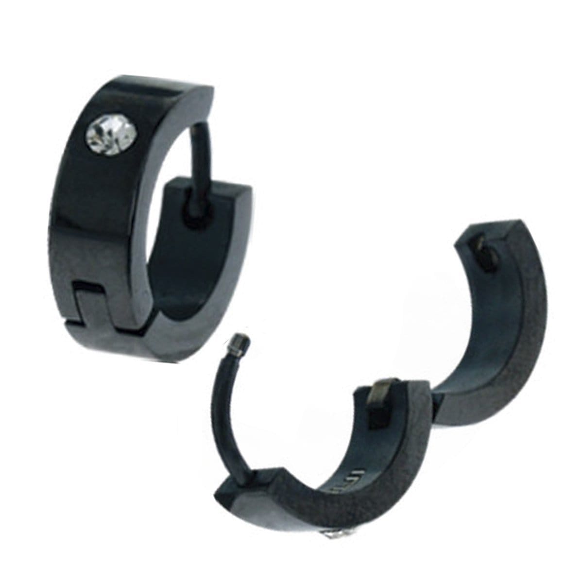 INOX JEWELRY Earrings Black Stainless Steel Single CZ Huggie Earrings SSE421