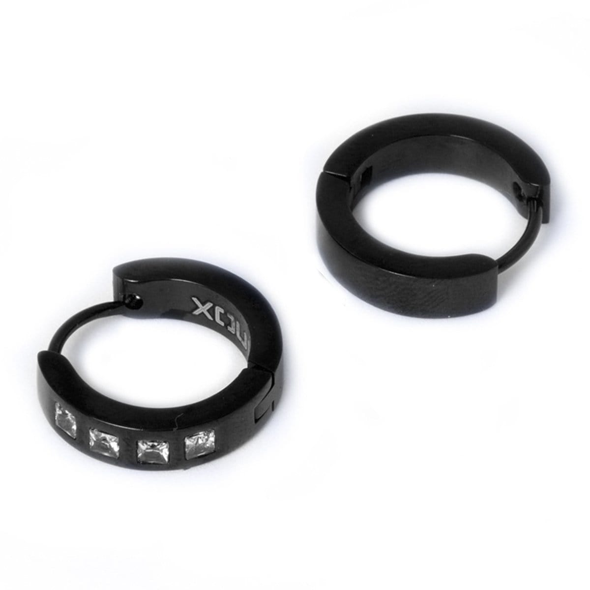 INOX JEWELRY Earrings Black Stainless Steel Single Row White Square Cut CZ Huggies SSE030K