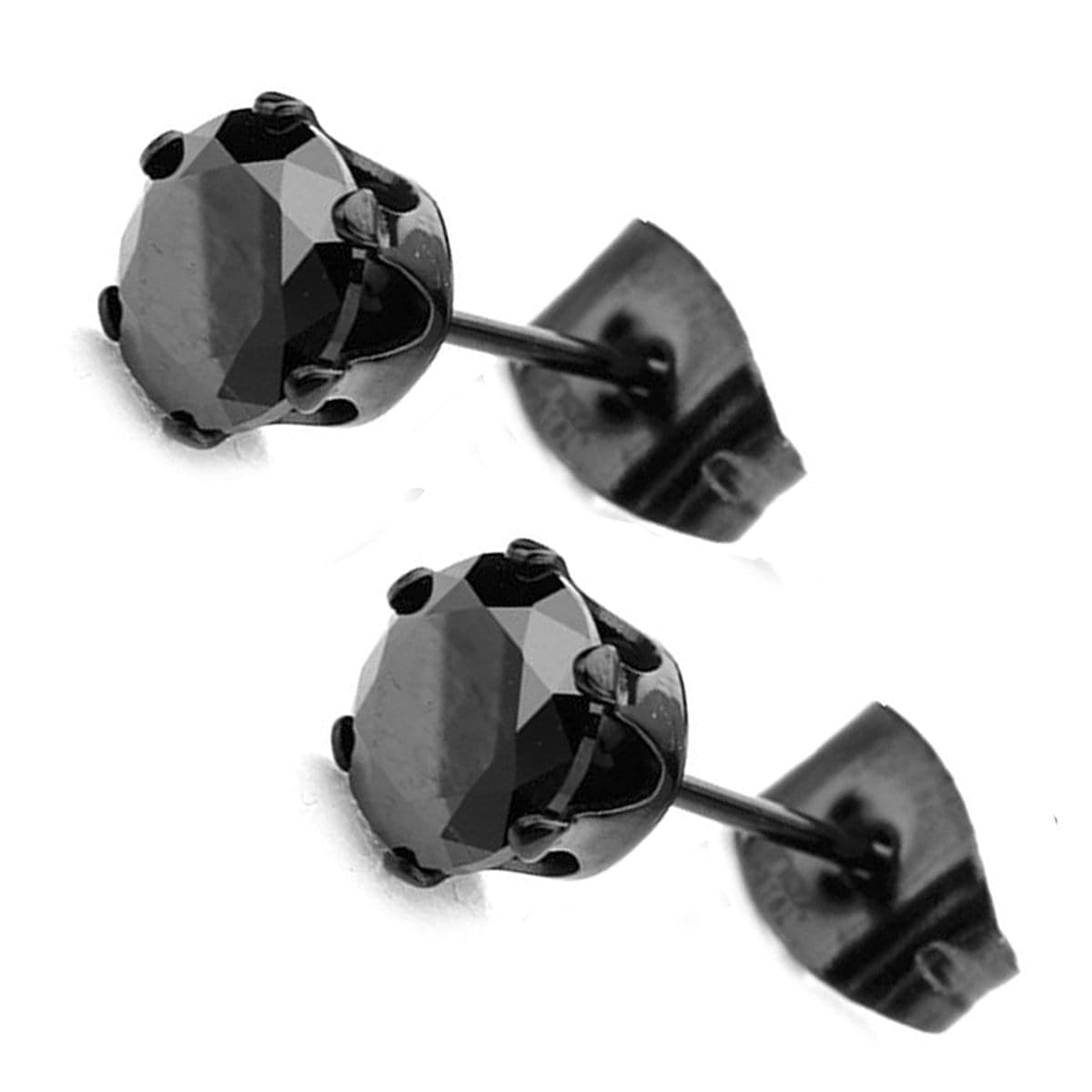 INOX JEWELRY Earrings Black Stainless Steel Six Prong Black CZ Solitaire Studs