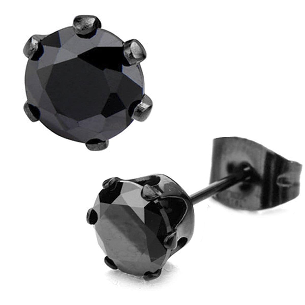 INOX JEWELRY Earrings Black Stainless Steel Six Prong Black CZ Solitaire Studs