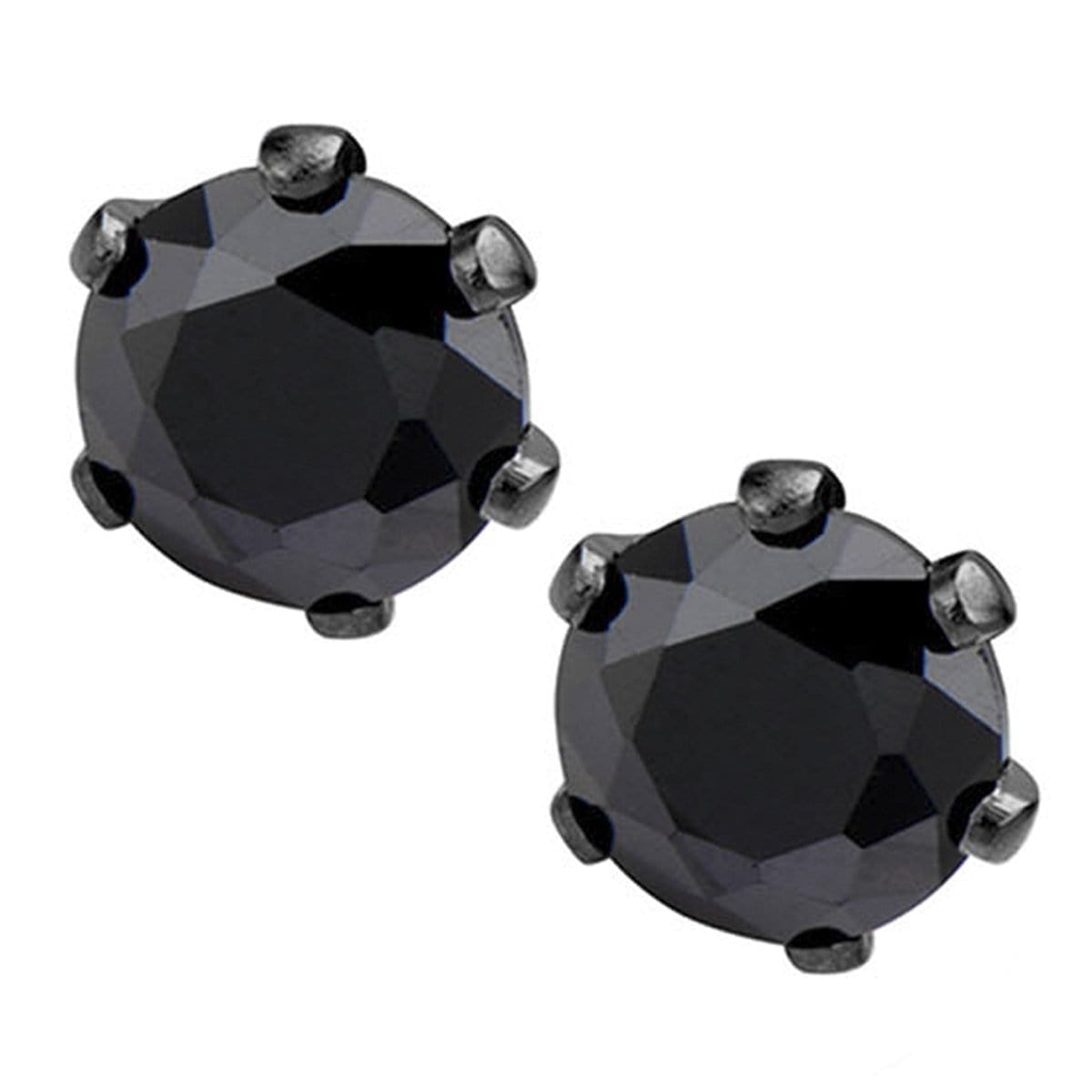 INOX JEWELRY Earrings Black Stainless Steel Six Prong Black CZ Solitaire Studs