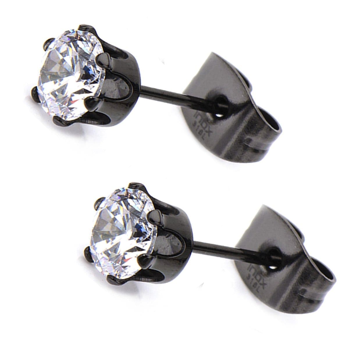 INOX JEWELRY Earrings Black Stainless Steel Six Prong CZ Solitaire Studs