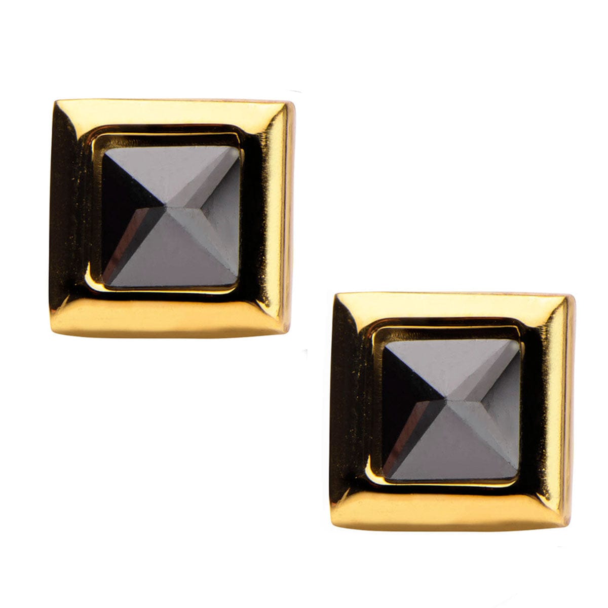 INOX JEWELRY Earrings Gold Stainless Steel Black Pyramid Crystal Square Studs SSE816GK