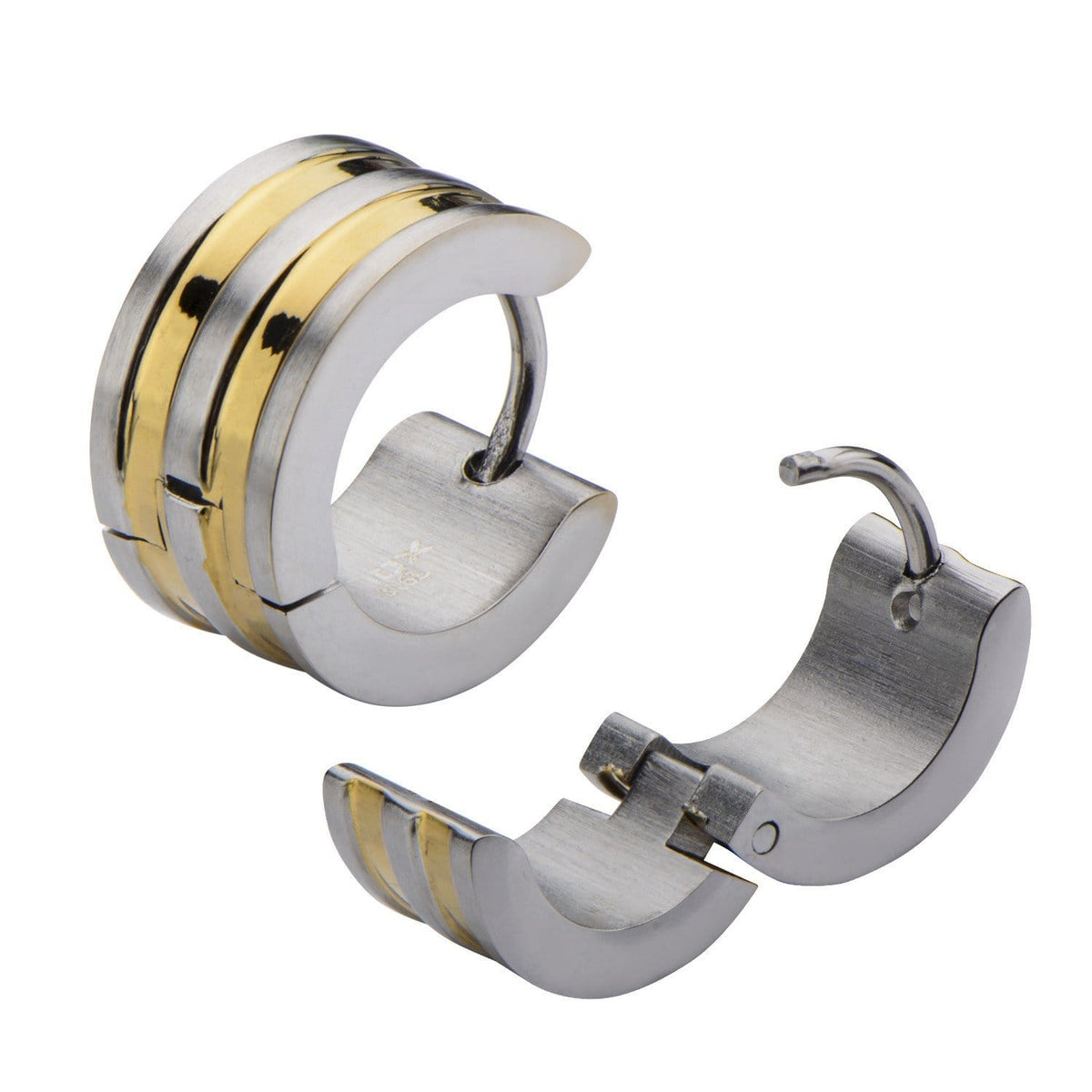 INOX JEWELRY Earrings Golden Tone and Silver Tone Stainless Steel 7mm Double Striped Huggies SSE281