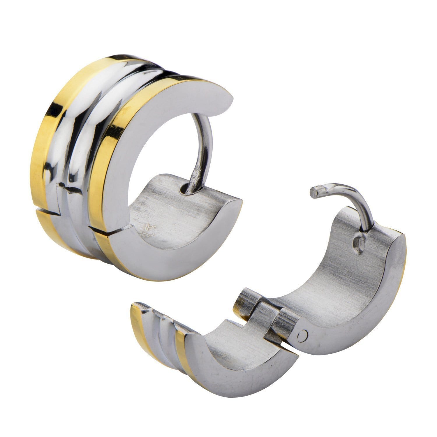 INOX JEWELRY Earrings Golden Tone and Silver Tone Stainless Steel 7mm Grooved Striped Border Huggies SSE280