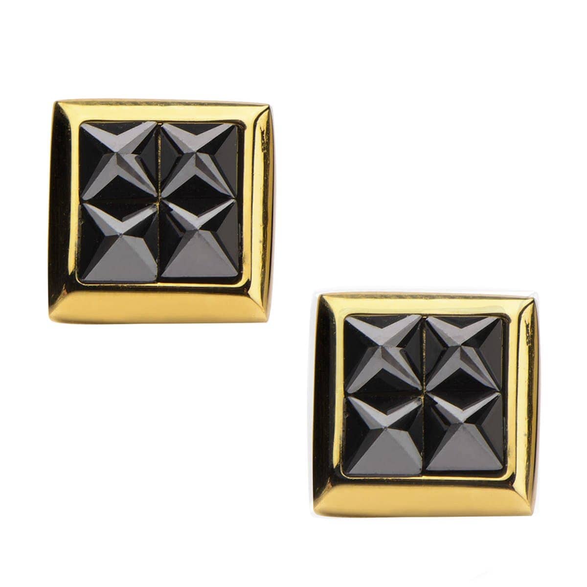 INOX JEWELRY Earrings Golden Tone Stainless Steel Four Black Pyramid Crystals Square Studs SSE818GK