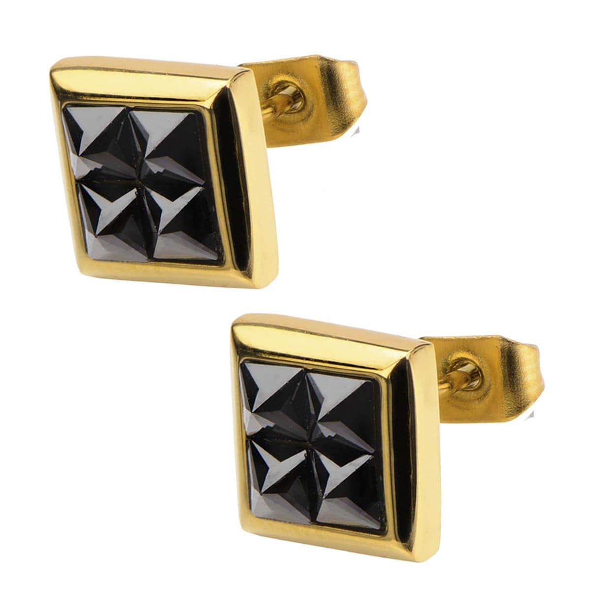 INOX JEWELRY Earrings Golden Tone Stainless Steel Four Black Pyramid Crystals Square Studs SSE818GK