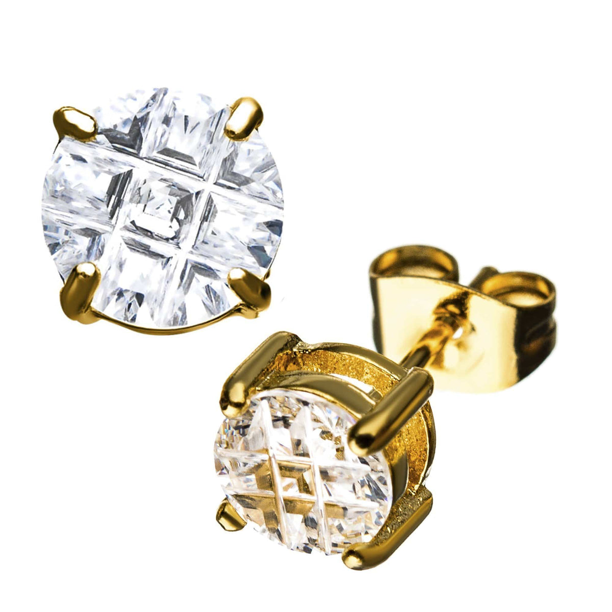 INOX JEWELRY Earrings Golden Tone Stainless Steel Grid Setting Round CZ Ear Studs