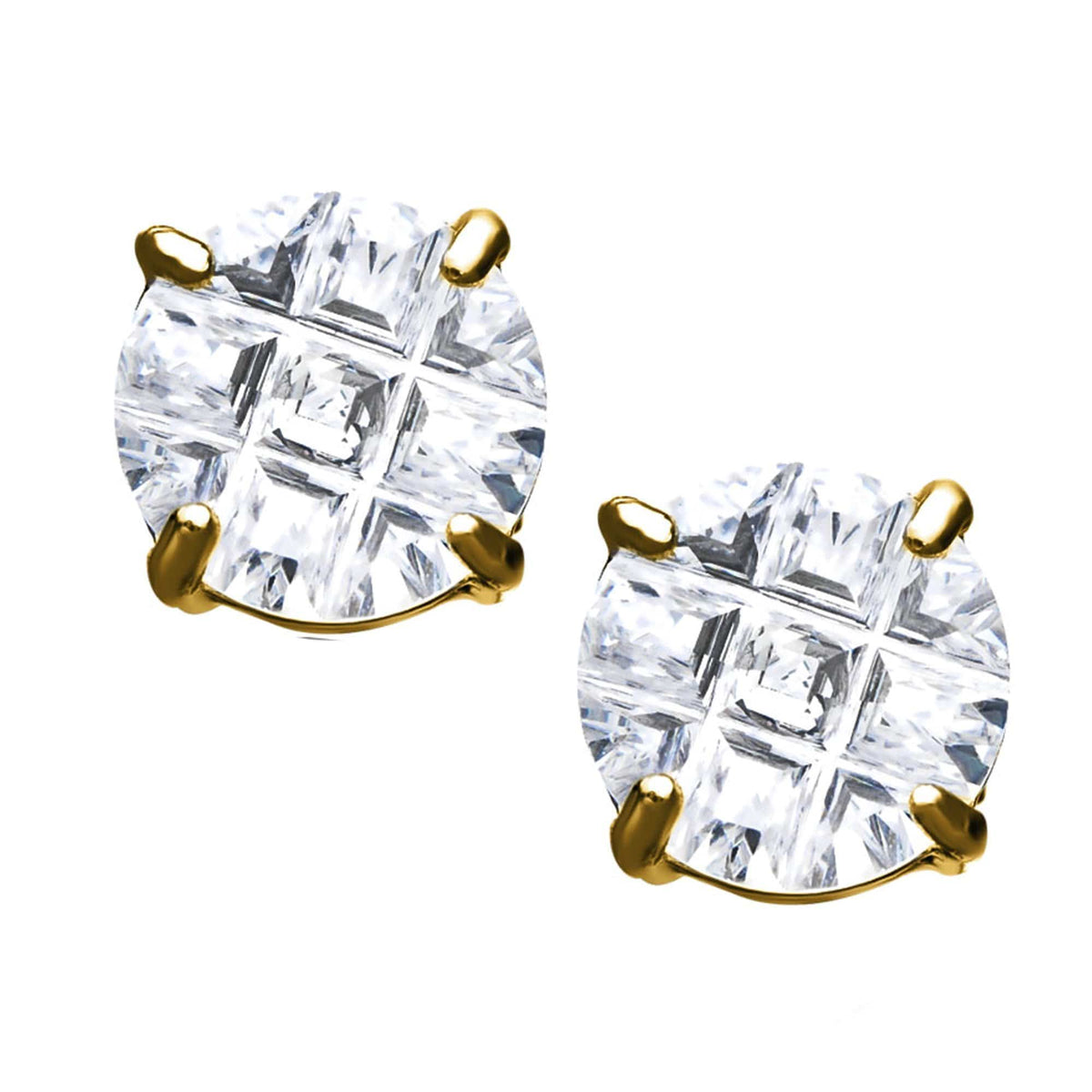 INOX JEWELRY Earrings Golden Tone Stainless Steel Grid Setting Round CZ Ear Studs