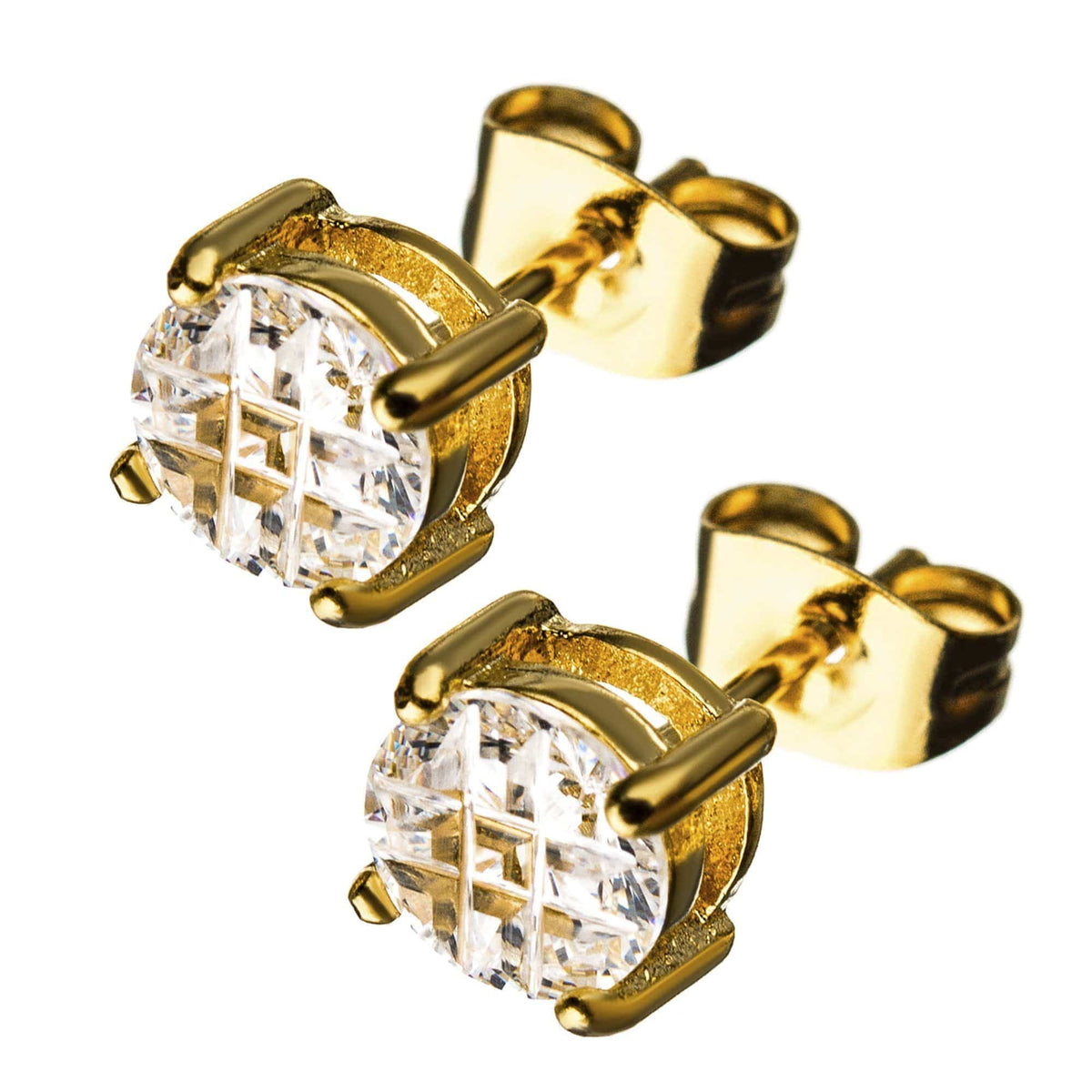 INOX JEWELRY Earrings Golden Tone Stainless Steel Grid Setting Round CZ Ear Studs