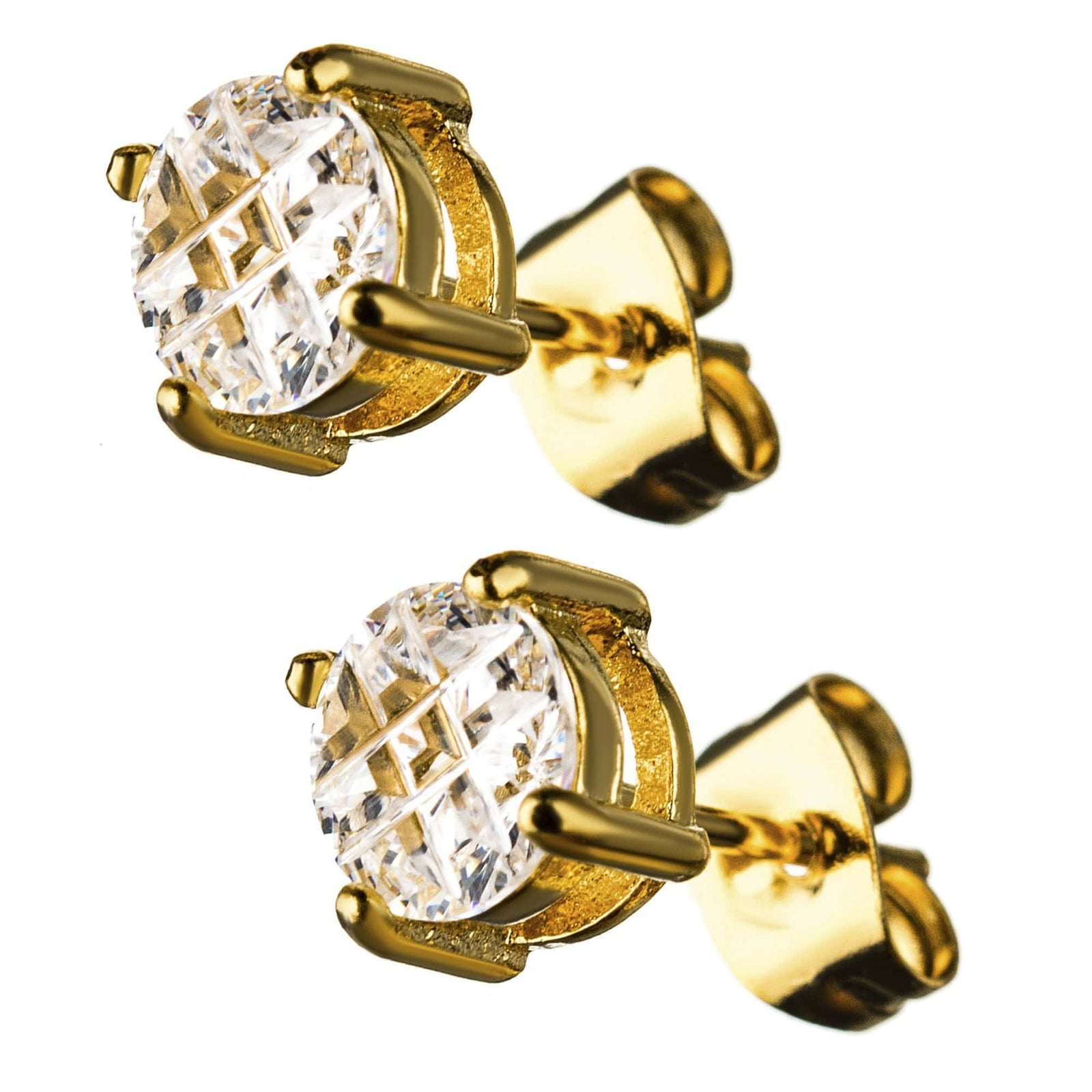 INOX JEWELRY Earrings Golden Tone Stainless Steel Grid Setting Round CZ Ear Studs