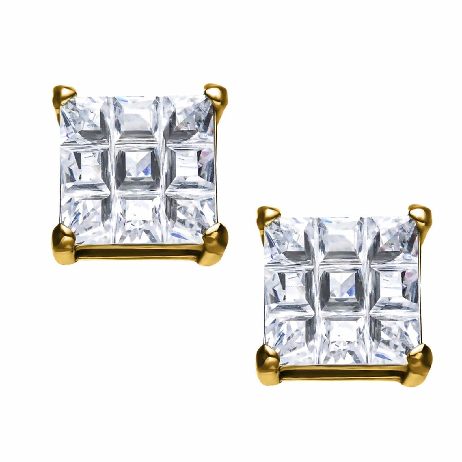 INOX JEWELRY Earrings Golden Tone Stainless Steel Grid Setting Square CZ Ear Studs